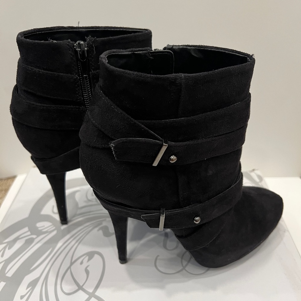 Black suede high heels booties size 7.5